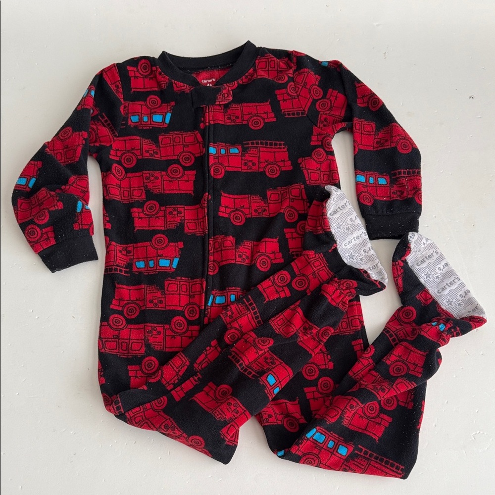 Carter’s Boys 4T Red and Black Fire Truck Fleece  Zip up Footed Pajamas